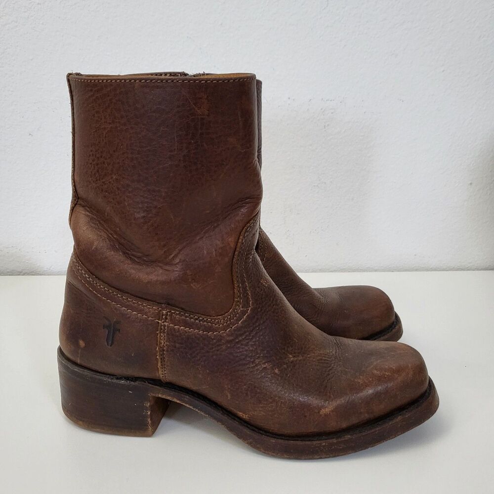 Vtg FRYE Campus Short Boots Women 8 M Brown Leather Ankle Square Toe Zip Up USA